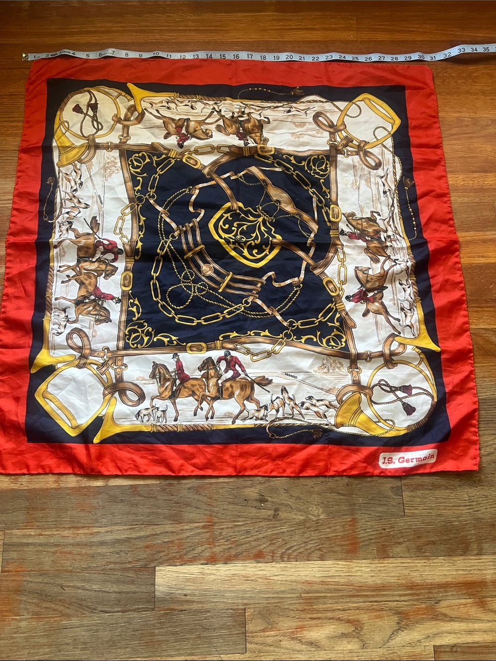 Equestrian Print Silk Scarf — Red, Navy & Cream